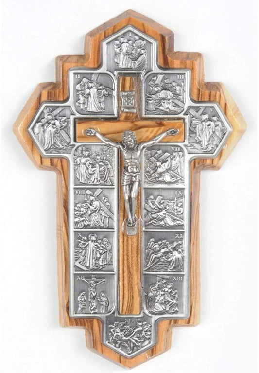 Olive Wood Crucifix - Icon Showing 14 Stations of the Cross Etched on Metal (14X9X1 Cm or 5.5X3.5X.4 Inch)