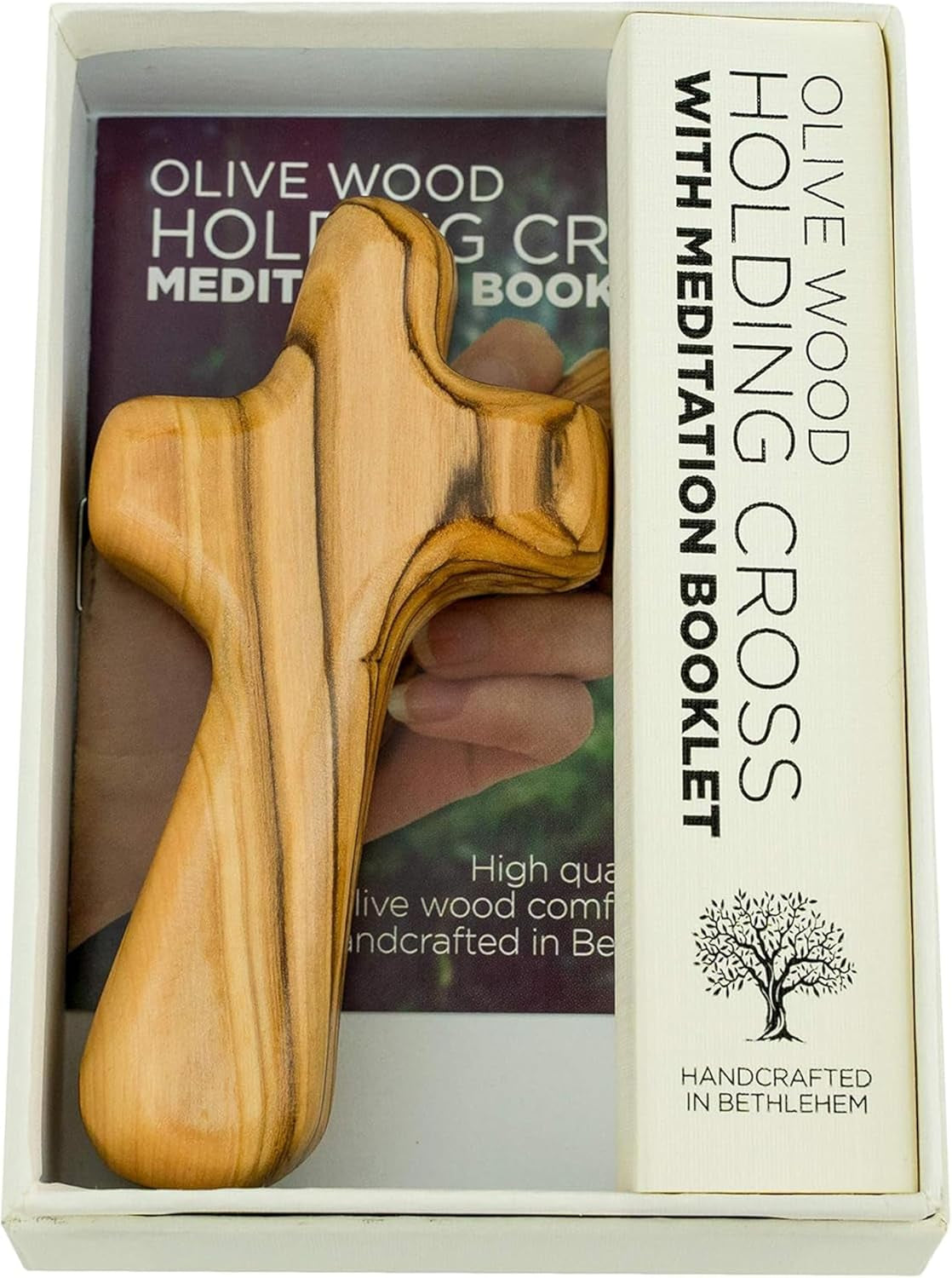 Deluxe Holding Cross Prayer Cross for Hand W/ Gift Box - Holy Land Olive Wood Cross - Large Comfort Cross Pocket Cross, Meditation Booklet & Authenticity Certificate - Christian Gift for Prayer
