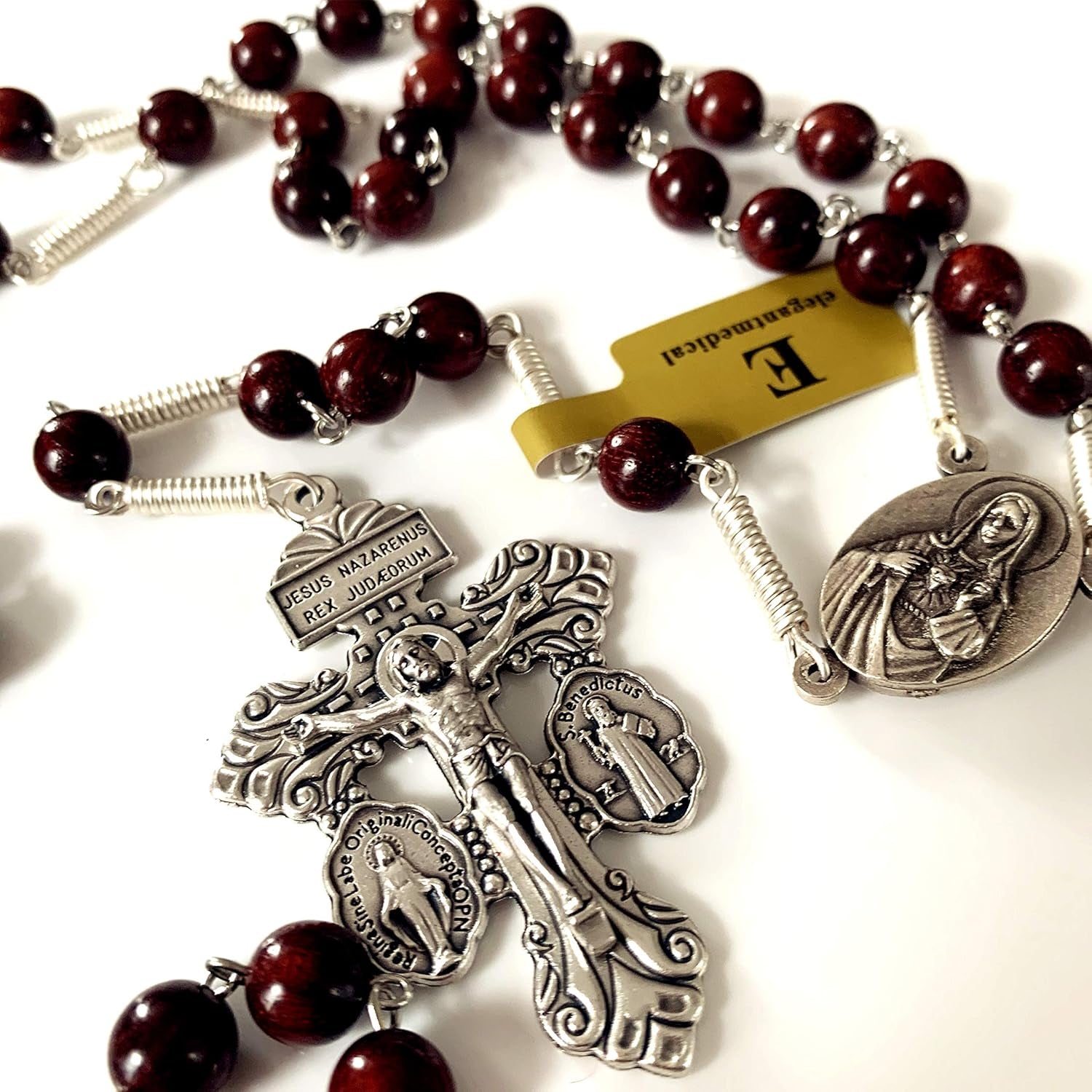 Handmade Large Red Sandalwood Beads Rose Rosary Necklace Italy Parden Cross Catholic & Gift Box (SILVER)