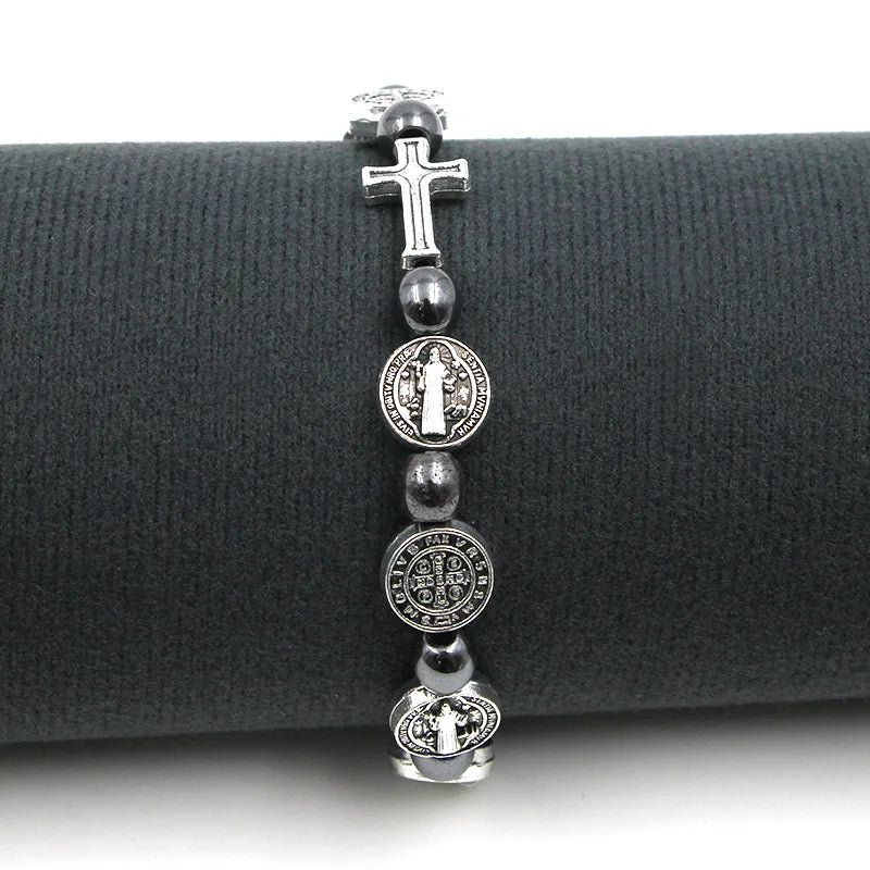Catholic Rosary Bracelet St. Benedict Medal Cross Prayer Bracelets Hematite Beads Religion Jewelry Accessories