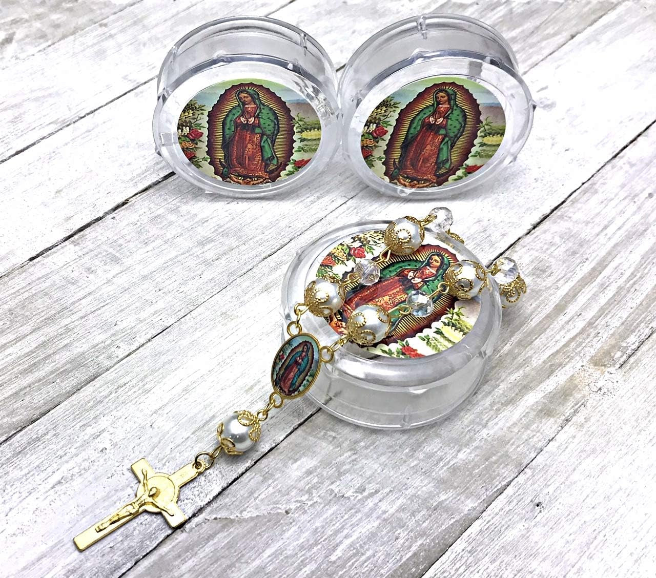 -12 Pcs Our Lady of Guadalupe Baptism Favors Rosaries Pearl Beads - Recuerditos De Bautismo - with Gift Box and Bags/Recuerdos De Mi Bautizo (Gold)