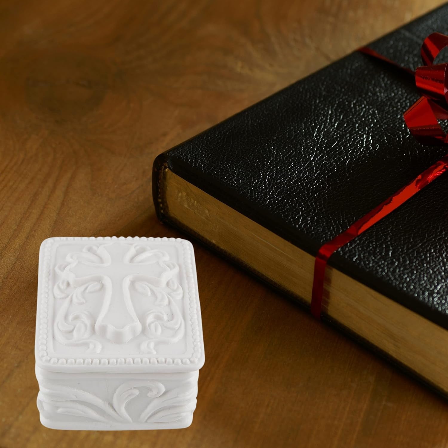 White Porcelain Cross Rosary Jewelry Box (Rectangle)
