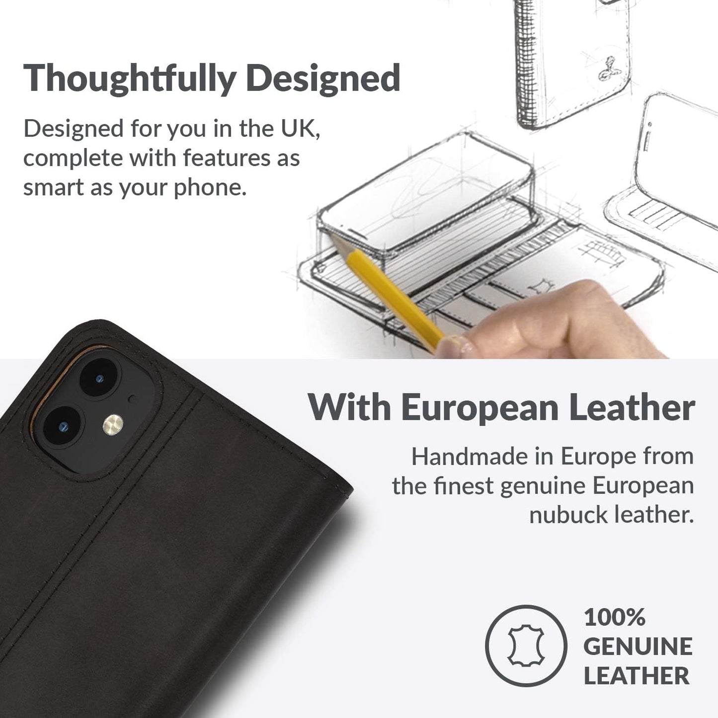 Iphone 12 Vintage Wallet || Genuine Leather Wallet Phone Case || Real Leather with Viewing Stand & 3 Card Holder || Flip Folio Cover with Card Slot (Black)