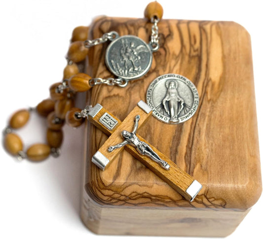 St. Michael Olive Wood Rosary and Box Gift Set