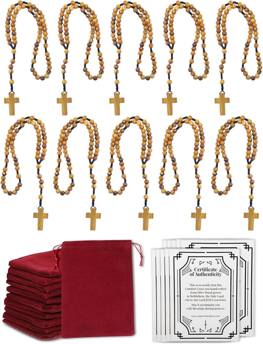 Certified Olive Wood Bulk Catholic Rosary Beads from Israel, Pack of 10, Wooden Dangling Cross Pendant, Large Beads, for Men and Women, Baptism, First Communion, & Confirmation, Rosarios Catolicos