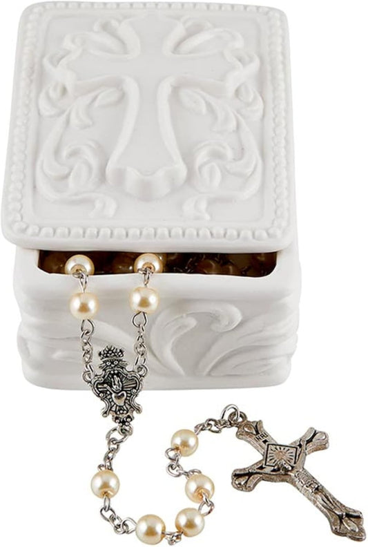 White Porcelain Cross Rosary Jewelry Box (Rectangle)