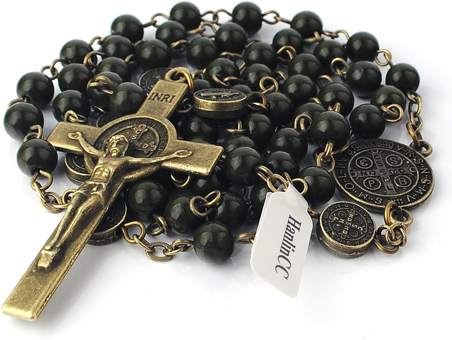 6Mm Hematite and Glass Beads Catholic Saint Benedict Rosary Necklace with Metal Gift Box (Anti-Bronze St.Benedict Rosary)