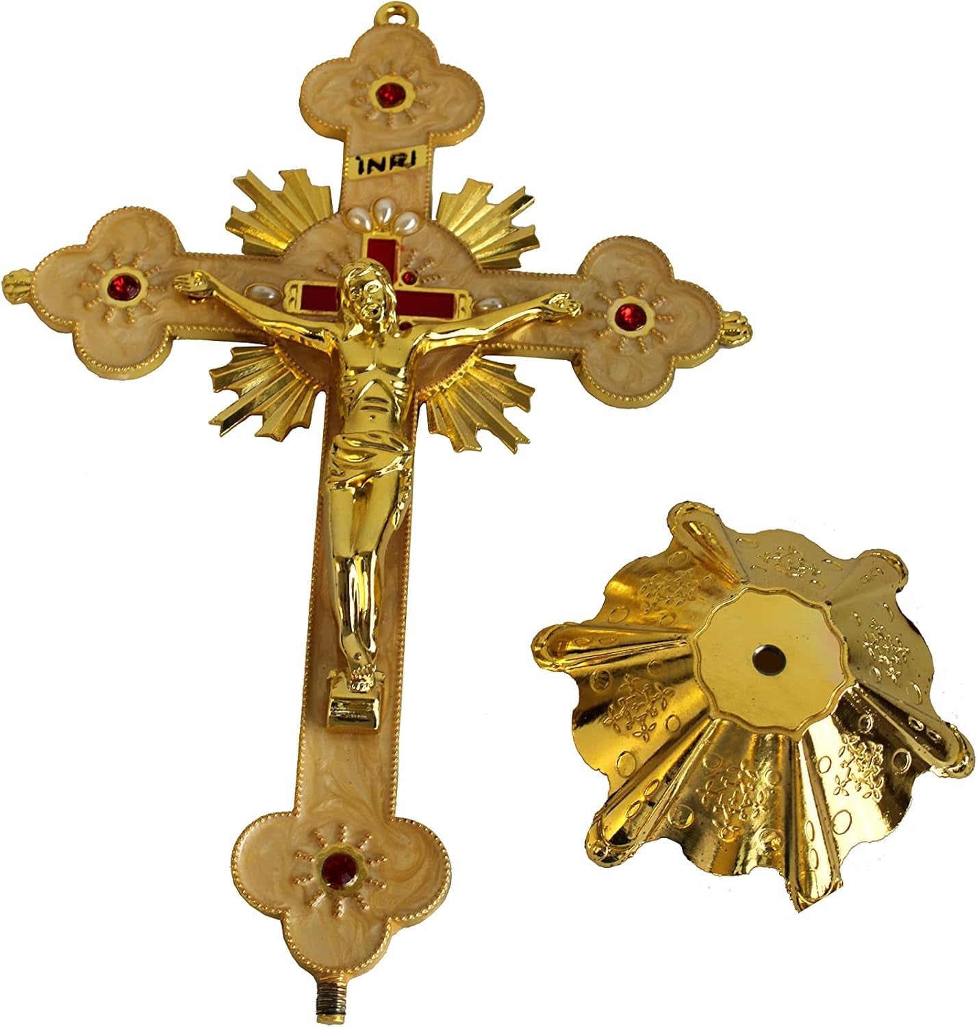 Altar Table Crucifix - Church or Home Decor - Enamel Ornamented (12 Inch, Golden/White and Red)