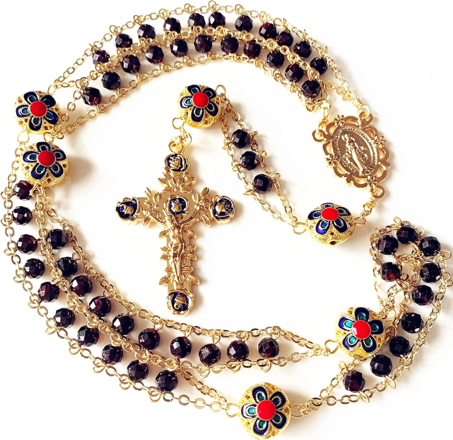 Handmade Gold Ladder to Heaven Garnet Beads Catholic Rosary Crucifix Necklace Box