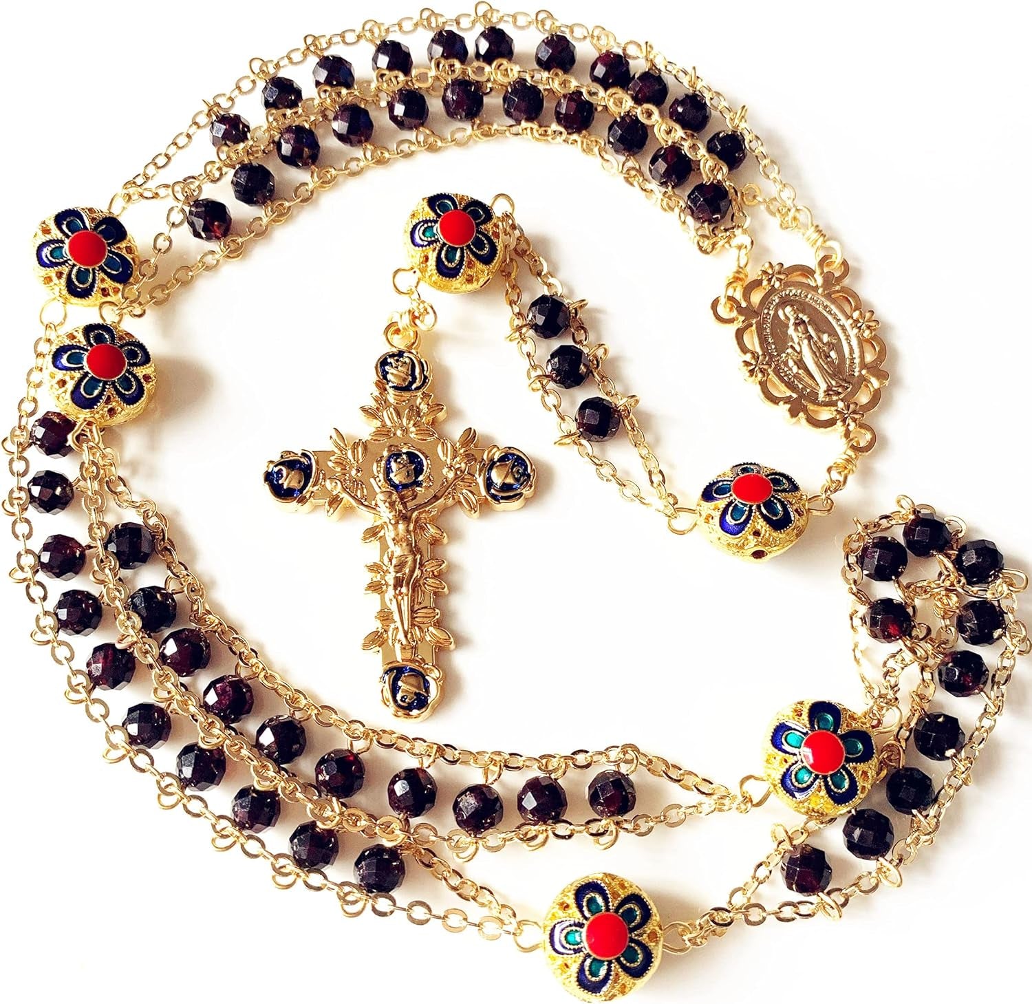 Handmade Gold Ladder to Heaven Garnet Beads Catholic Rosary Crucifix Necklace Box