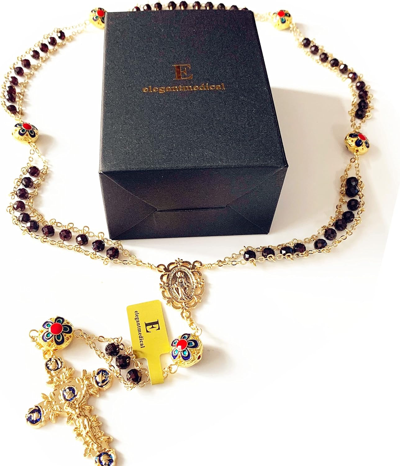 Handmade Gold Ladder to Heaven Garnet Beads Catholic Rosary Crucifix Necklace Box