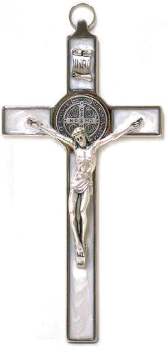 Saint Benedict Crucifix - All Metal with Inlaid Enamel and Silver Corpus - 8'' in Height - Many Colors - Made in Italy - White