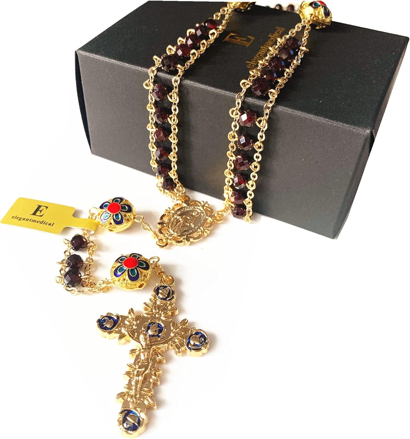 Handmade Gold Ladder to Heaven Garnet Beads Catholic Rosary Crucifix Necklace Box
