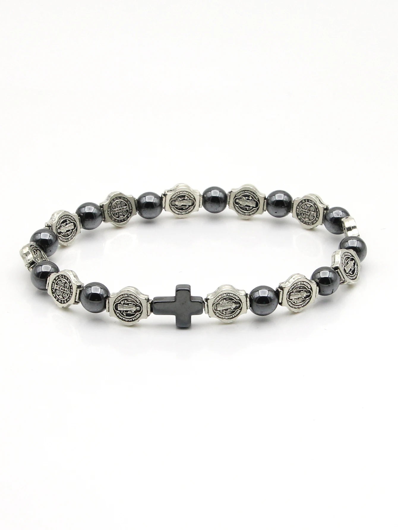 Catholic Rosary Bracelet St. Benedict Medal Cross Prayer Bracelets Hematite Beads Religion Jewelry Accessories
