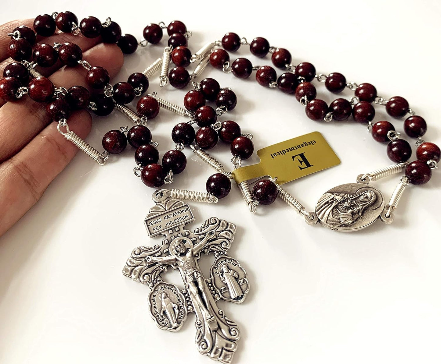 Handmade Large Red Sandalwood Beads Rose Rosary Necklace Italy Parden Cross Catholic & Gift Box (SILVER)