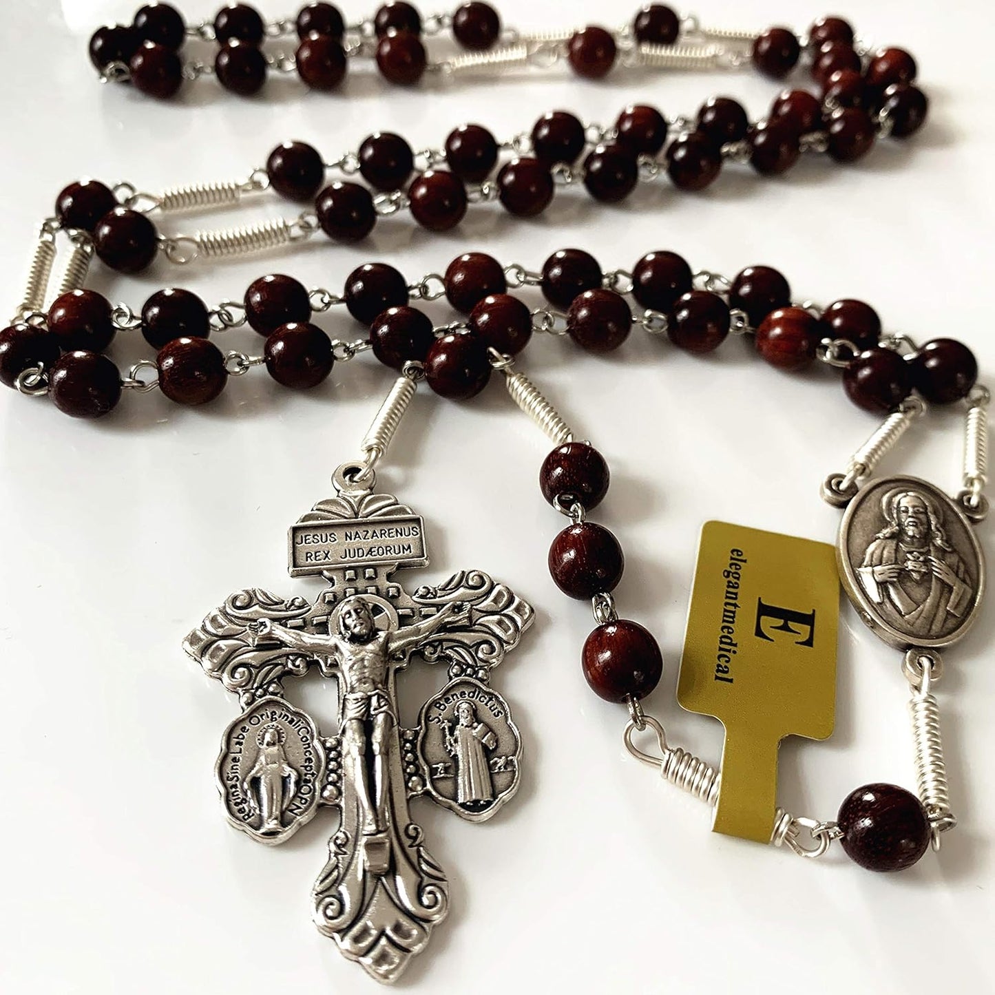 Handmade Large Red Sandalwood Beads Rose Rosary Necklace Italy Parden Cross Catholic & Gift Box (SILVER)