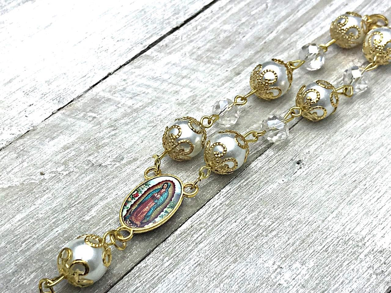 -12 Pcs Our Lady of Guadalupe Baptism Favors Rosaries Pearl Beads - Recuerditos De Bautismo - with Gift Box and Bags/Recuerdos De Mi Bautizo (Gold)