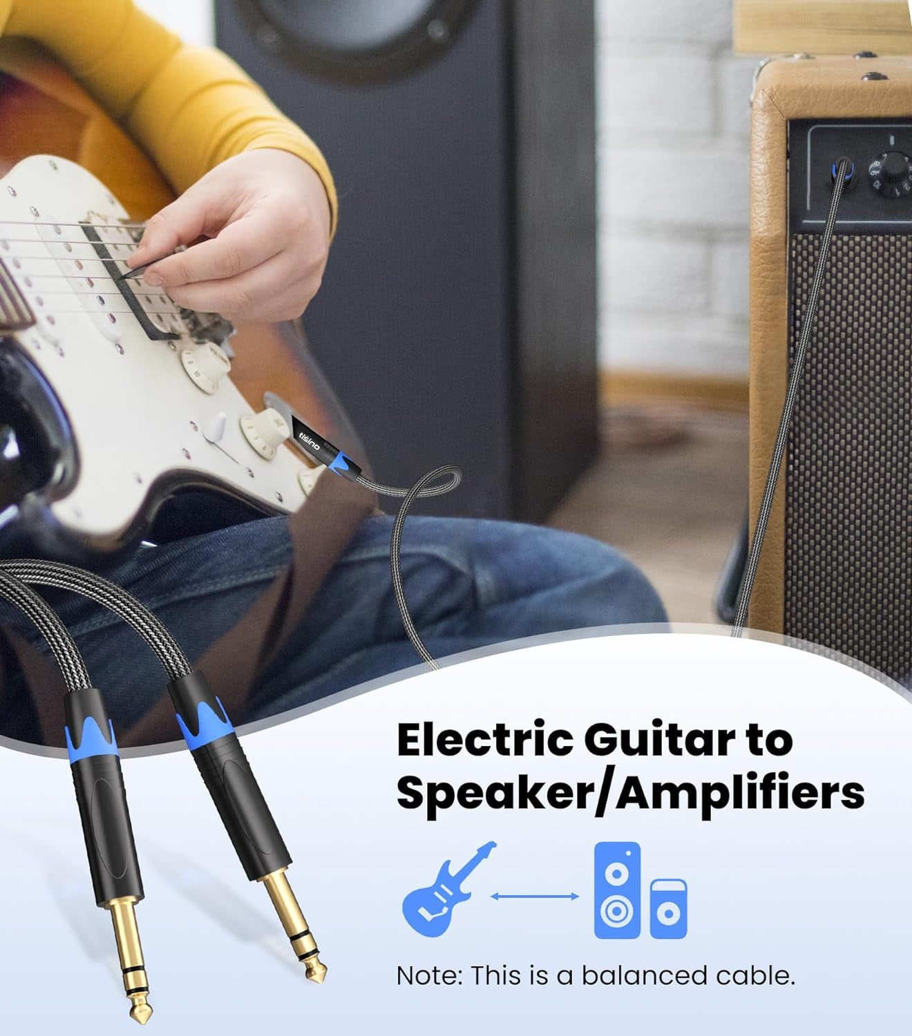 1/4 Inch TRS Cable, Quarter Inch 1/4 TRS to TRS Balanced Stereo Audio Cable Male to Male Pro Interconnect Cable Guitar Cable, Nylon Braid - 3 FT