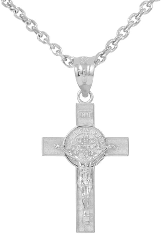 Solid 925 Sterling Silver St. Benedict Crucifix Cross Pendant Necklace (1.30")