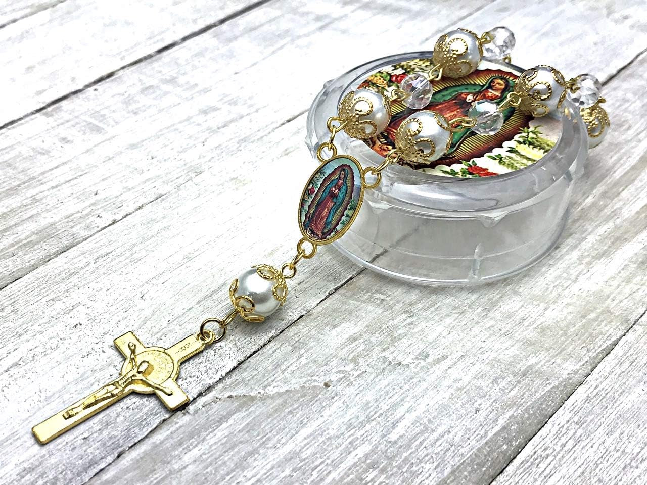 -12 Pcs Our Lady of Guadalupe Baptism Favors Rosaries Pearl Beads - Recuerditos De Bautismo - with Gift Box and Bags/Recuerdos De Mi Bautizo (Gold)