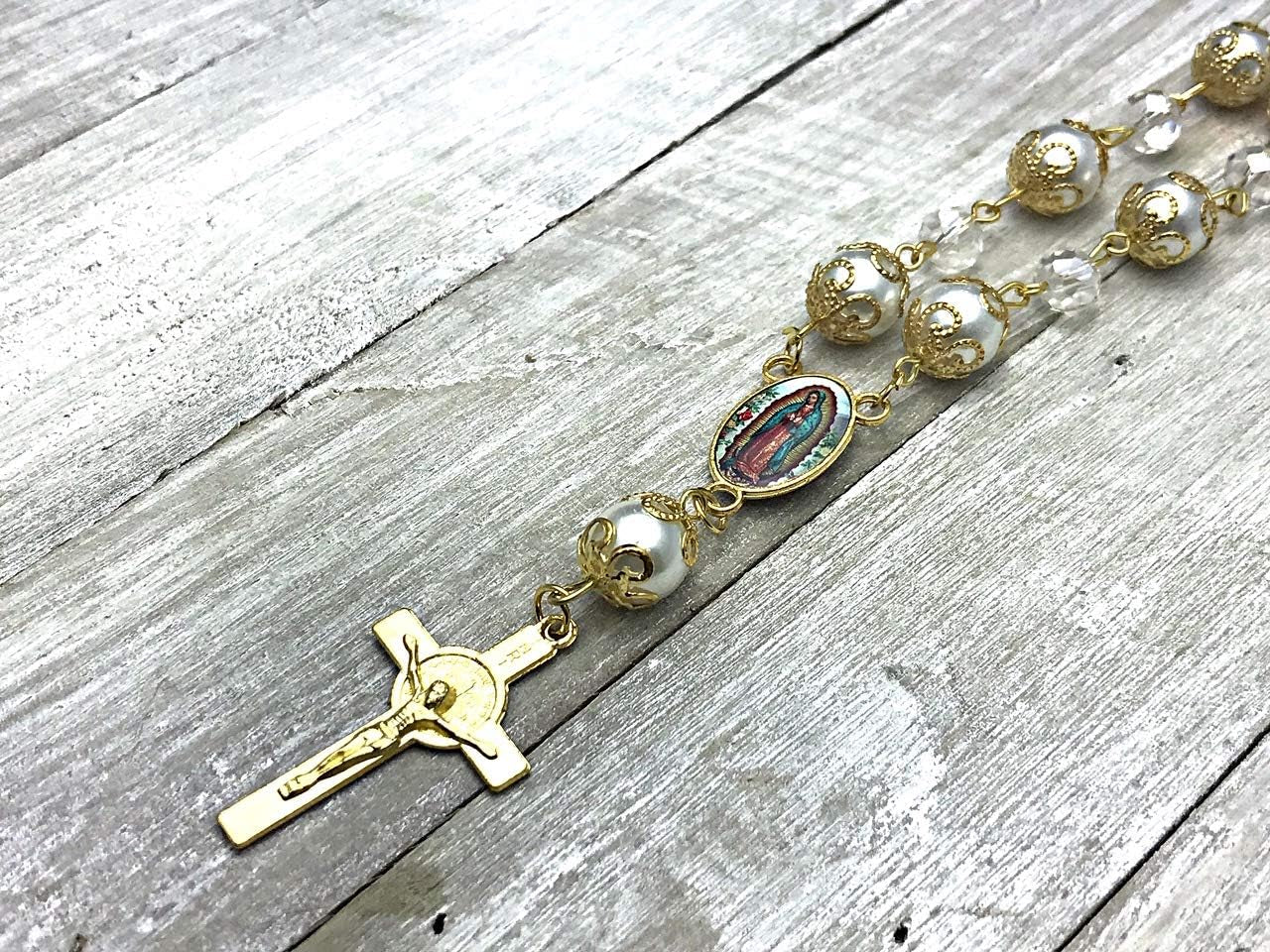 -12 Pcs Our Lady of Guadalupe Baptism Favors Rosaries Pearl Beads - Recuerditos De Bautismo - with Gift Box and Bags/Recuerdos De Mi Bautizo (Gold)