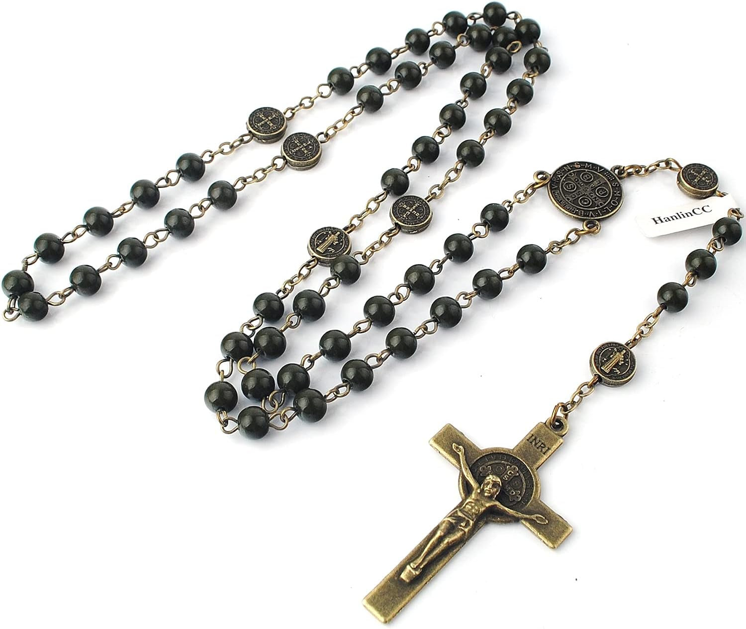 6Mm Hematite and Glass Beads Catholic Saint Benedict Rosary Necklace with Metal Gift Box (Anti-Bronze St.Benedict Rosary)