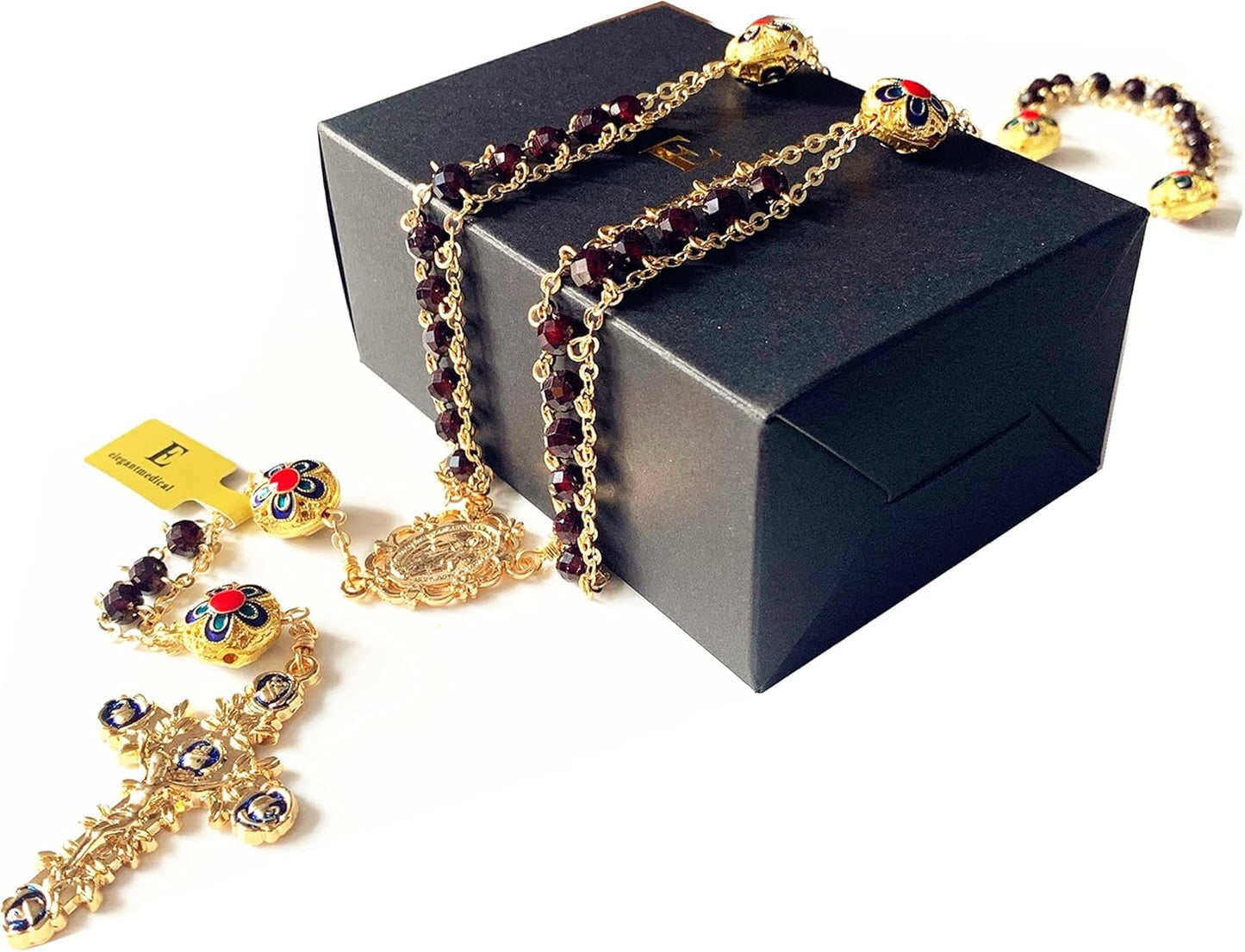 Handmade Gold Ladder to Heaven Garnet Beads Catholic Rosary Crucifix Necklace Box