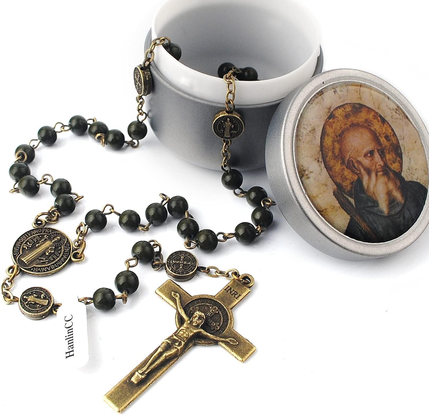 6Mm Hematite and Glass Beads Catholic Saint Benedict Rosary Necklace with Metal Gift Box (Anti-Bronze St.Benedict Rosary)