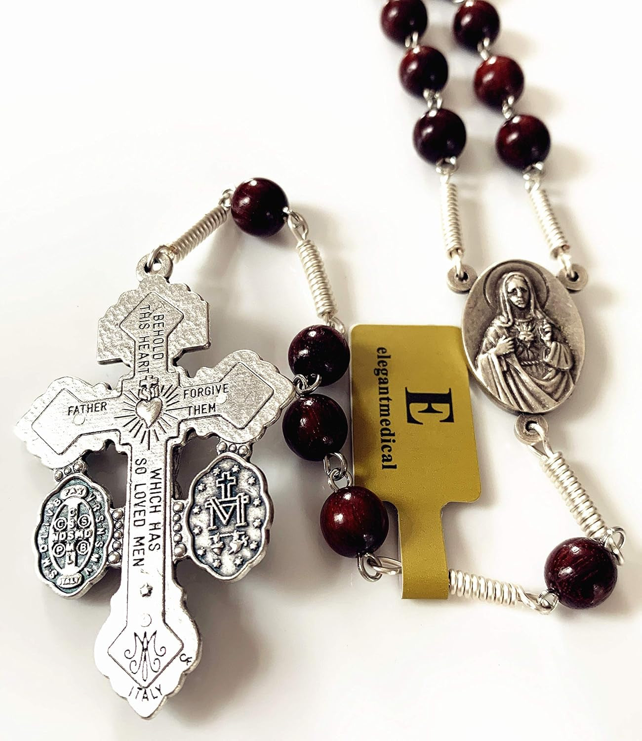 Handmade Large Red Sandalwood Beads Rose Rosary Necklace Italy Parden Cross Catholic & Gift Box (SILVER)