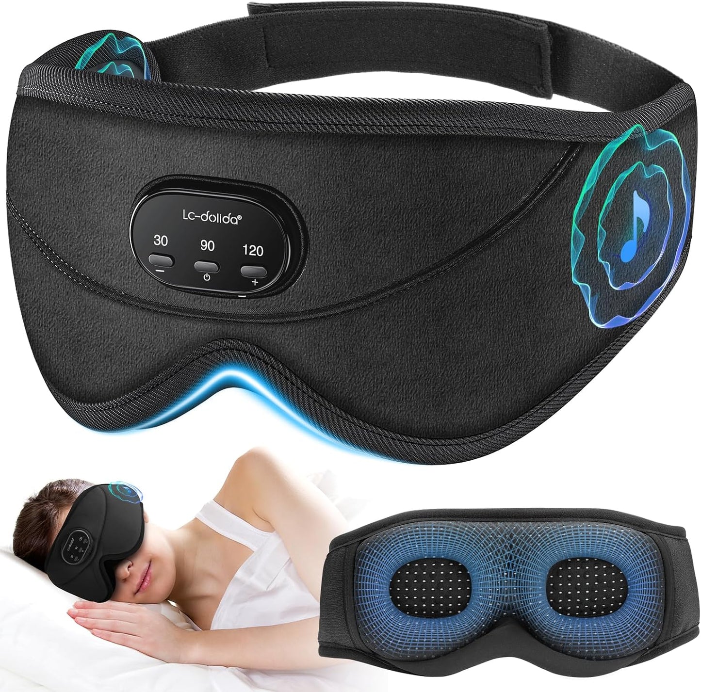 White Noise Sleep Mask, 3D Sleep Headphones with 16 Soothing Sounds, Bluetooth 5.4 Sleep Eye Mask with Timer, Total Blackout Sleeping Headphones for Side Sleeper(Black)