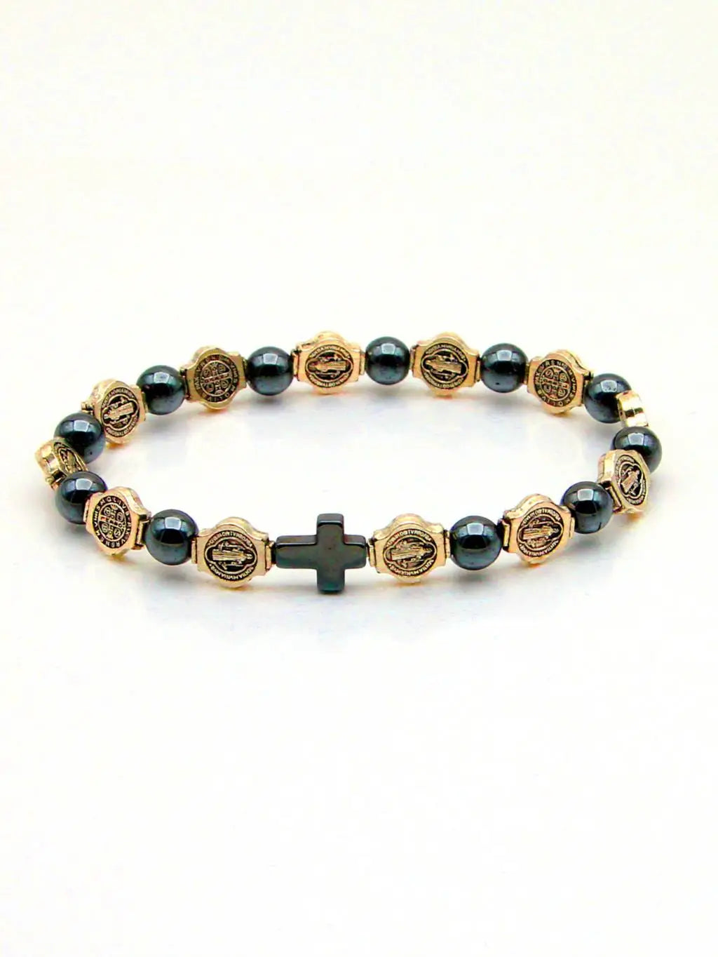 Catholic Rosary Bracelet St. Benedict Medal Cross Prayer Bracelets Hematite Beads Religion Jewelry Accessories