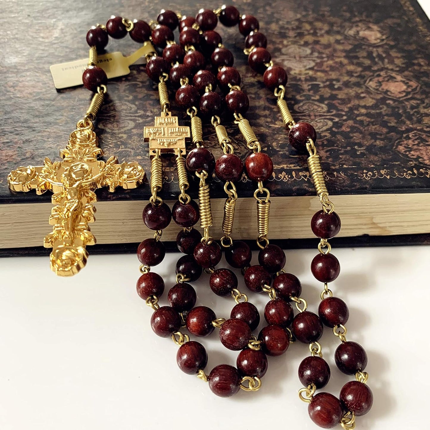 Handmade Large Red Sandalwood Beads Rose Rosary Necklace Italy Parden Cross Catholic & Gift Box (GOLD)