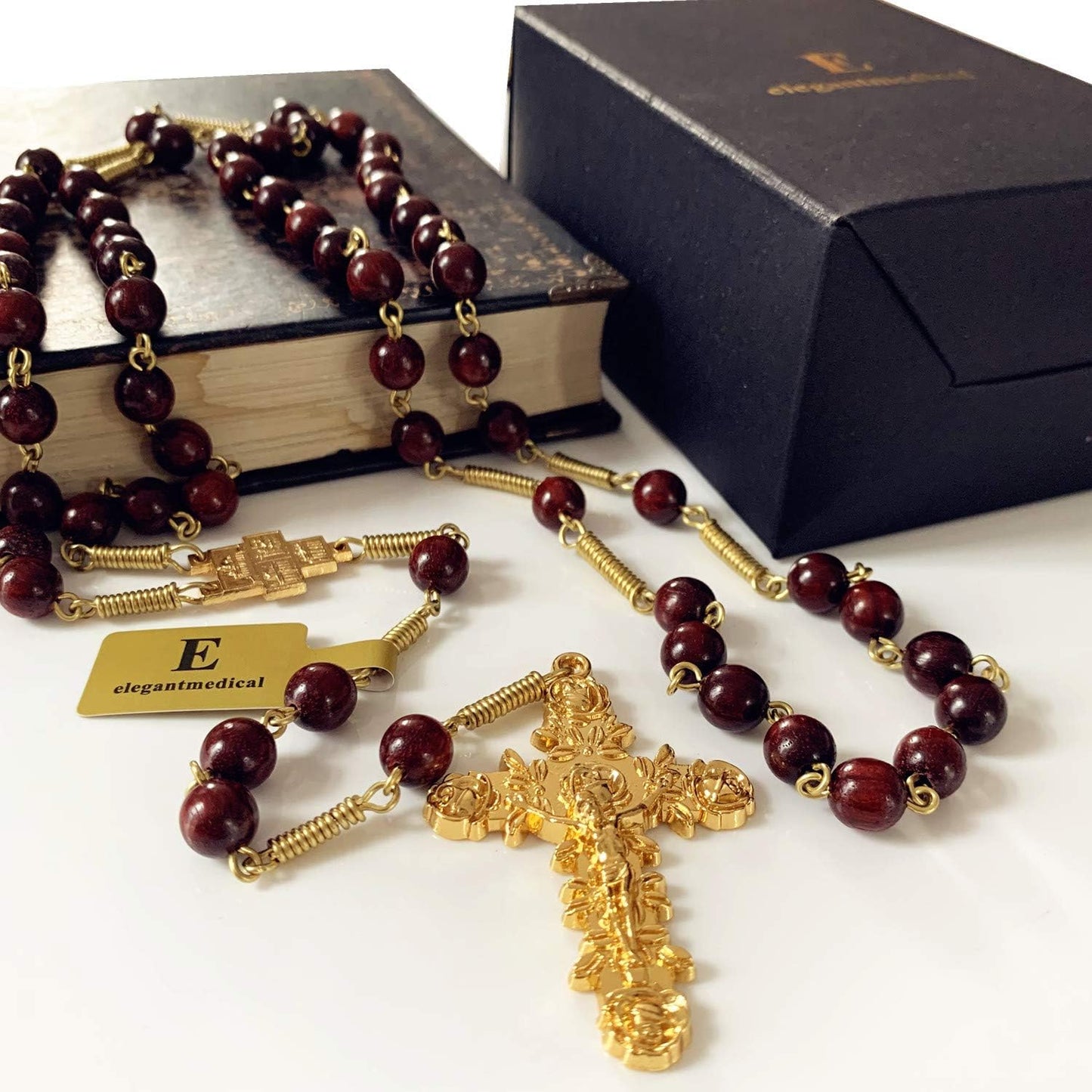 Handmade Large Red Sandalwood Beads Rose Rosary Necklace Italy Parden Cross Catholic & Gift Box (GOLD)