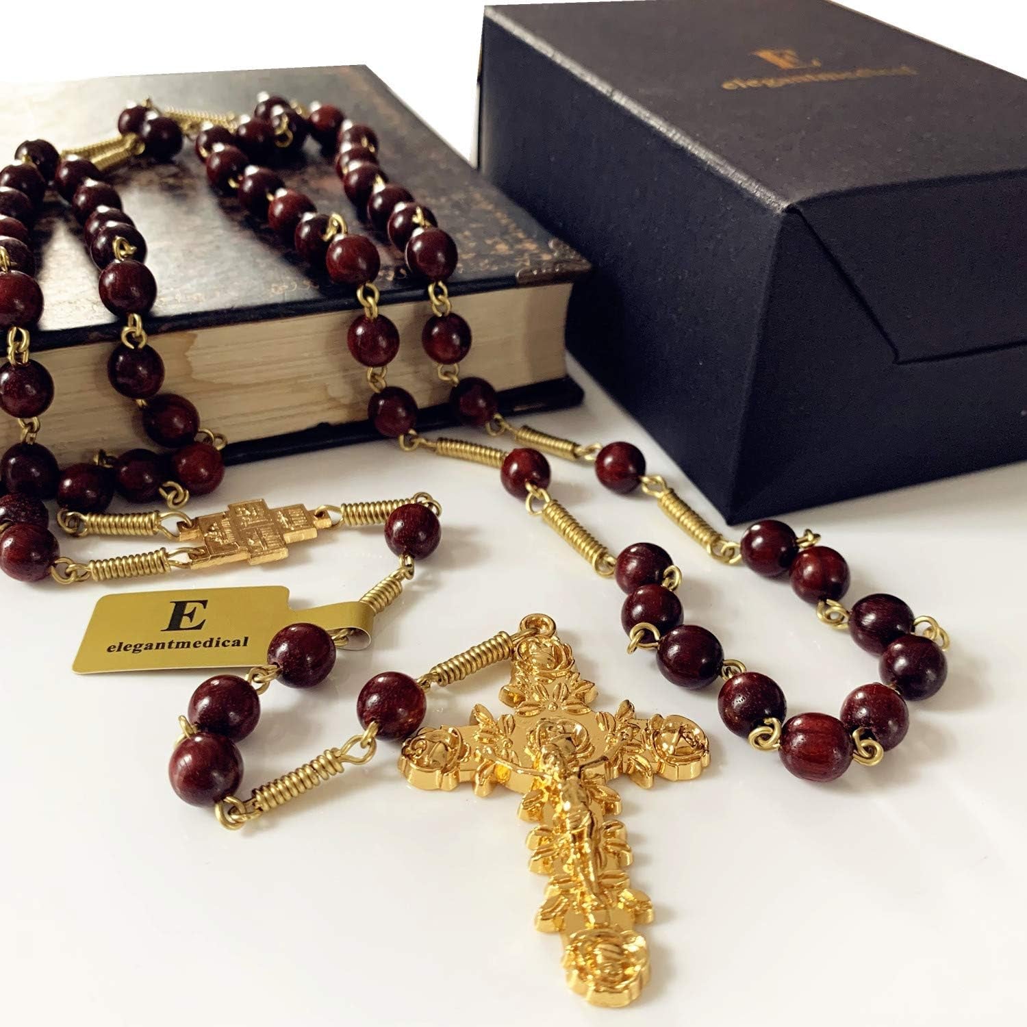 Handmade Large Red Sandalwood Beads Rose Rosary Necklace Italy Parden Cross Catholic & Gift Box (GOLD)