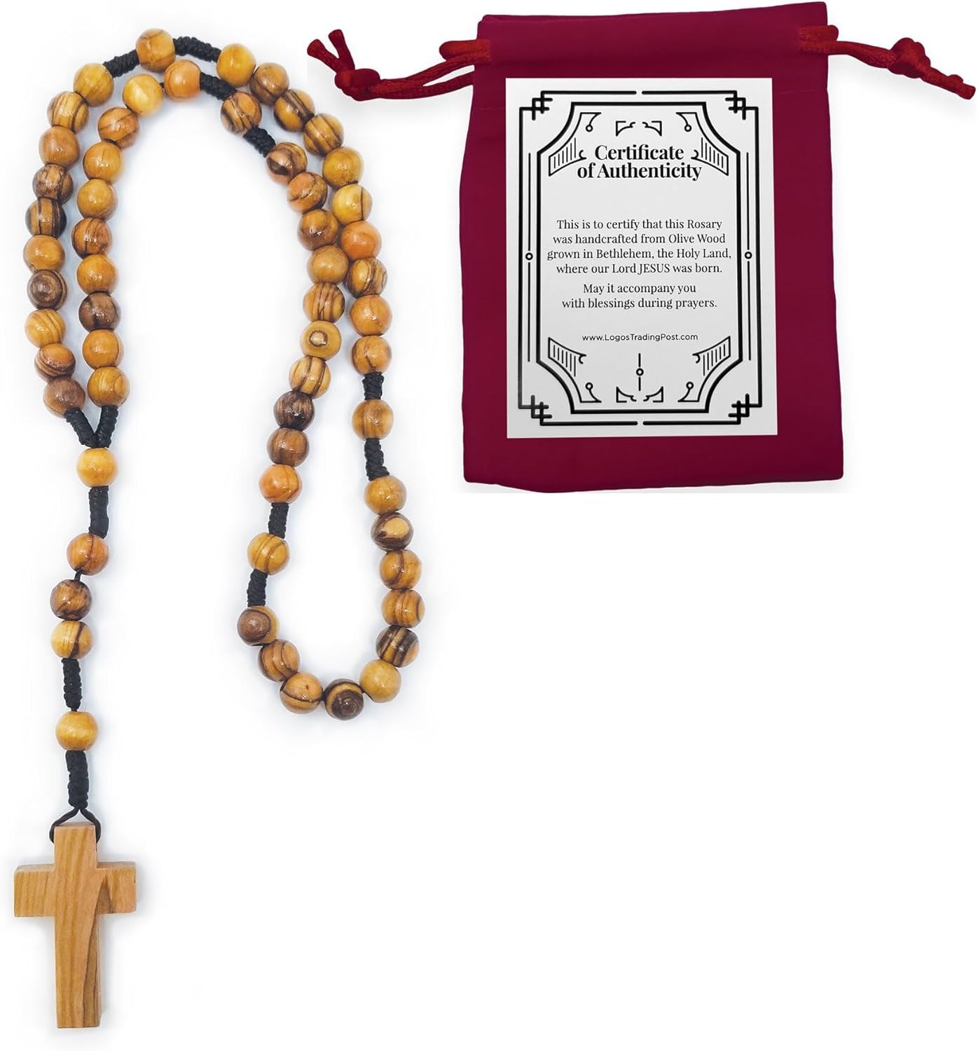 Certified Olive Wood Bulk Catholic Rosary Beads from Israel, Wooden Dangling Cross Pendant, Large Beads, for Men and Women, Baptism, First Communion, & Confirmation, Rosarios Catolicos