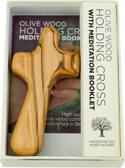 Deluxe Holding Cross Prayer Cross for Hand W/ Gift Box - Holy Land Olive Wood Cross - Large Comfort Cross Pocket Cross, Meditation Booklet & Authenticity Certificate - Christian Gift for Prayer