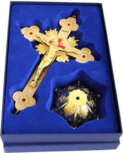 Altar Table Crucifix - Church or Home Decor - Enamel Ornamented (12 Inch, Golden/White and Red)