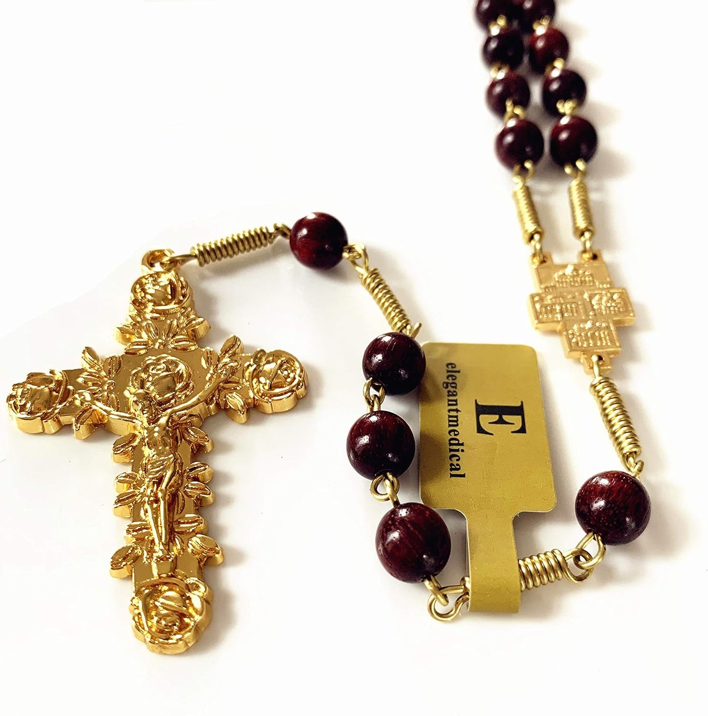 Handmade Large Red Sandalwood Beads Rose Rosary Necklace Italy Parden Cross Catholic & Gift Box (GOLD)