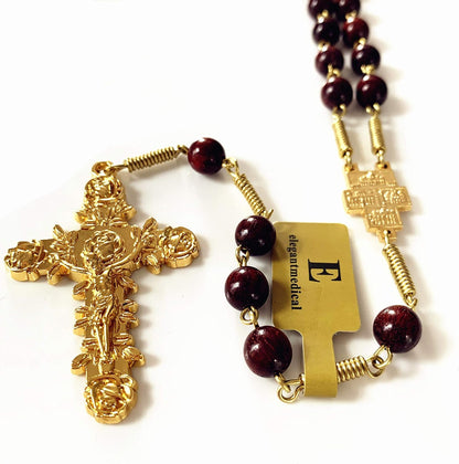 Handmade Large Red Sandalwood Beads Rose Rosary Necklace Italy Parden Cross Catholic & Gift Box (GOLD)
