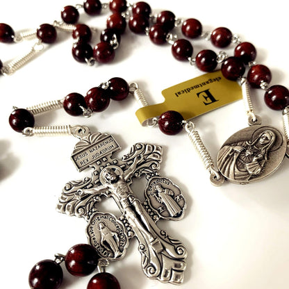 Handmade Large Red Sandalwood Beads Rose Rosary Necklace Italy Parden Cross Catholic & Gift Box (SILVER)
