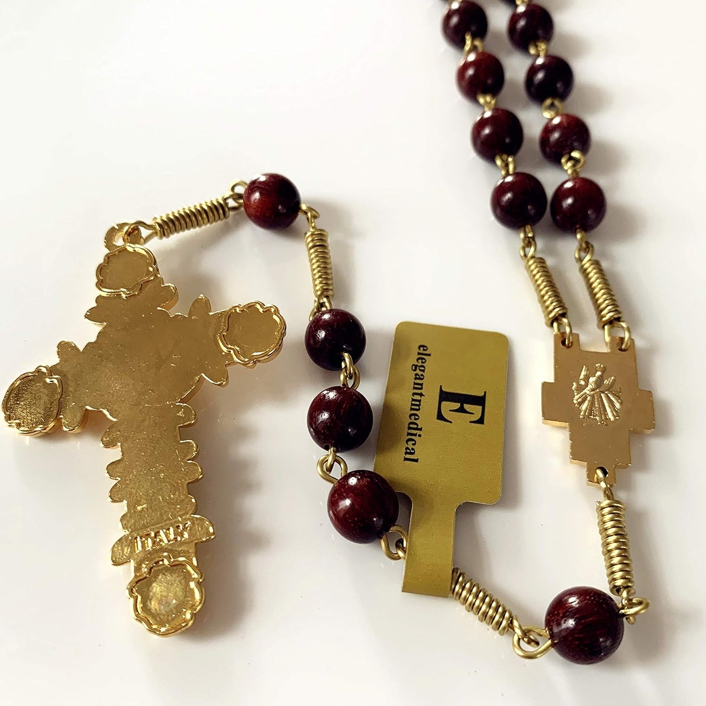 Handmade Large Red Sandalwood Beads Rose Rosary Necklace Italy Parden Cross Catholic & Gift Box (GOLD)