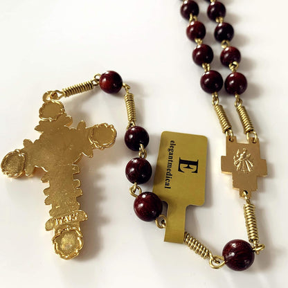 Handmade Large Red Sandalwood Beads Rose Rosary Necklace Italy Parden Cross Catholic & Gift Box (GOLD)