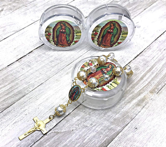 -12 Pcs Our Lady of Guadalupe Baptism Favors Rosaries Pearl Beads - Recuerditos De Bautismo - with Gift Box and Bags/Recuerdos De Mi Bautizo (Gold)