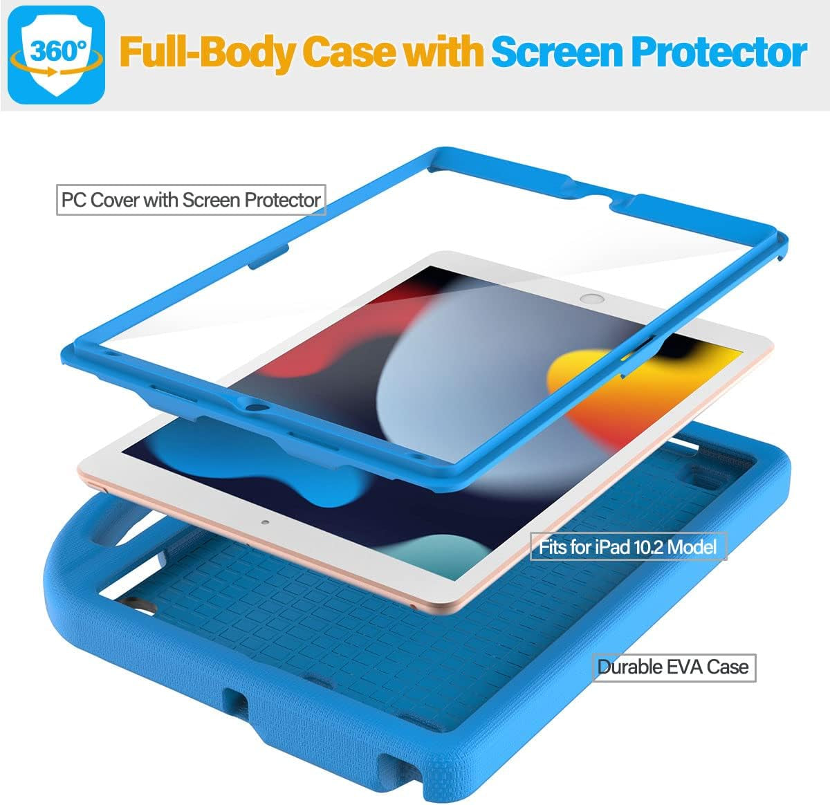 Children's iPad 9th/8th/7th Generation Case - 10.2 Inch Protective Case with Built-In Screen Protector, Shockproof Handle Stand, Blue