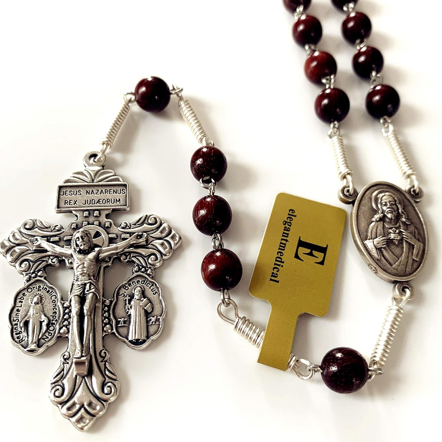 Handmade Large Red Sandalwood Beads Rose Rosary Necklace Italy Parden Cross Catholic & Gift Box (SILVER)