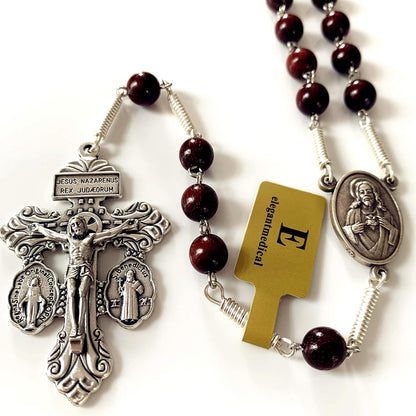 Handmade Large Red Sandalwood Beads Rose Rosary Necklace Italy Parden Cross Catholic & Gift Box (SILVER)