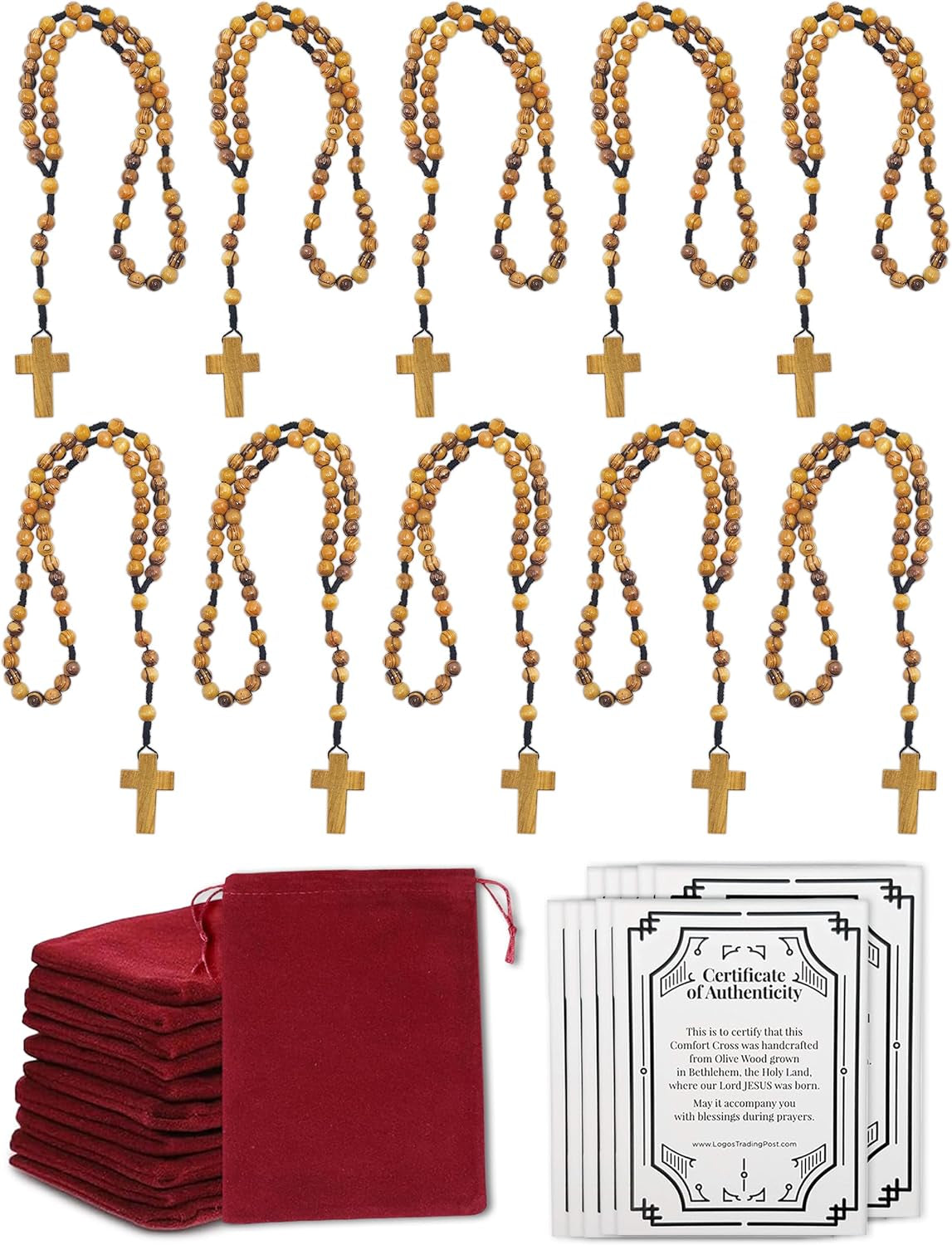 Certified Olive Wood Bulk Catholic Rosary Beads from Israel, Pack of 10, Wooden Dangling Cross Pendant, Large Beads, for Men and Women, Baptism, First Communion, & Confirmation, Rosarios Catolicos