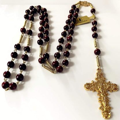 Handmade Large Red Sandalwood Beads Rose Rosary Necklace Italy Parden Cross Catholic & Gift Box (GOLD)