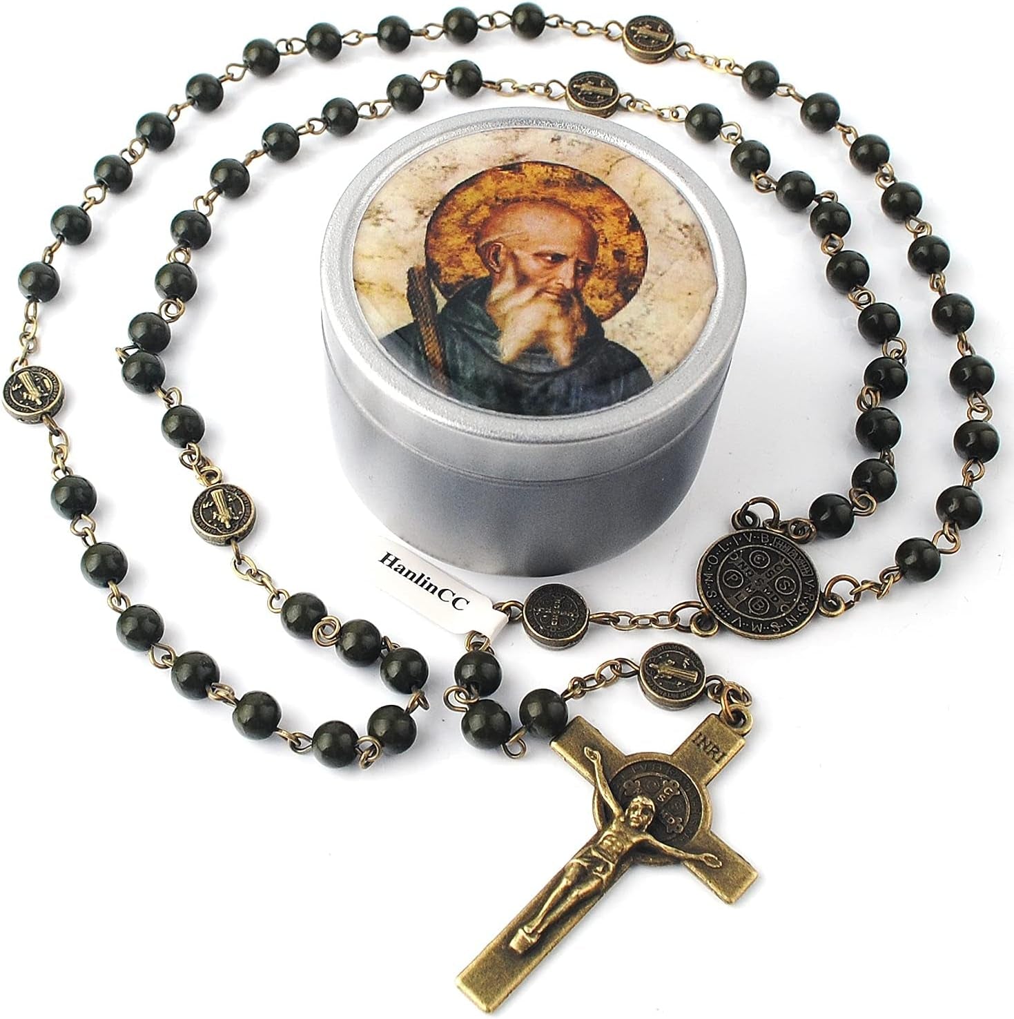 6Mm Hematite and Glass Beads Catholic Saint Benedict Rosary Necklace with Metal Gift Box (Anti-Bronze St.Benedict Rosary)