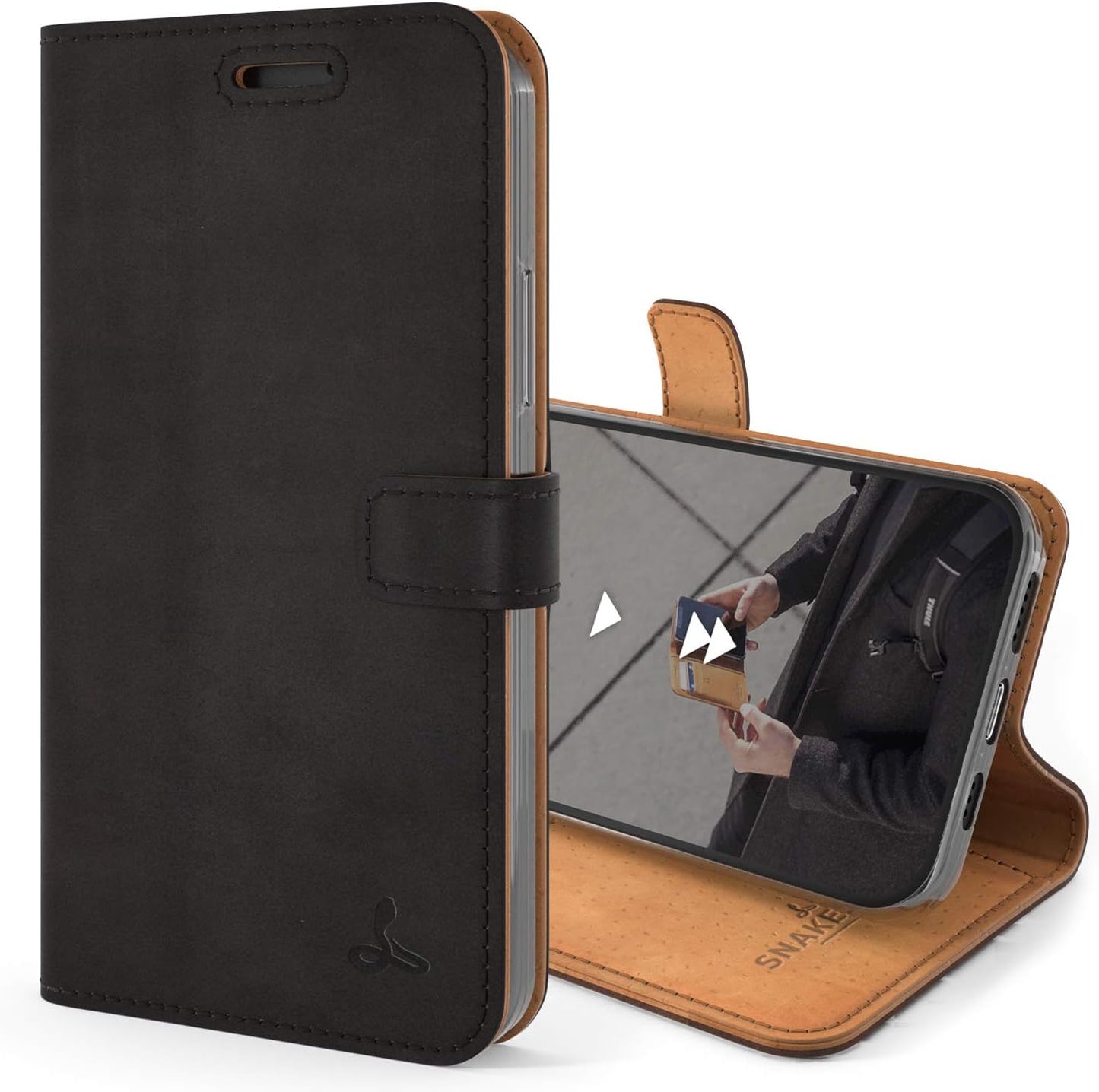 Iphone 12 Vintage Wallet || Genuine Leather Wallet Phone Case || Real Leather with Viewing Stand & 3 Card Holder || Flip Folio Cover with Card Slot (Black)